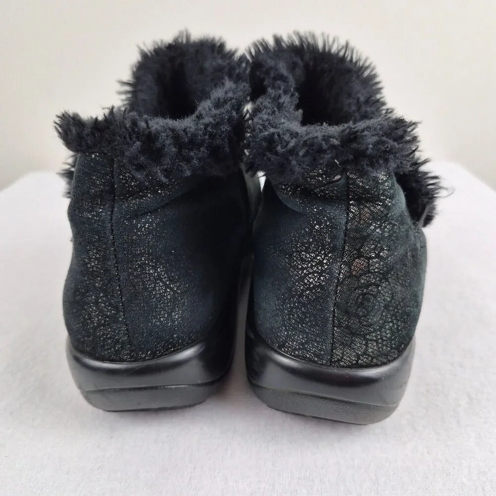 ALEGRIA Women's Meri Ankle Booties sz 9.5 Black Floral Faux fur Side Zip